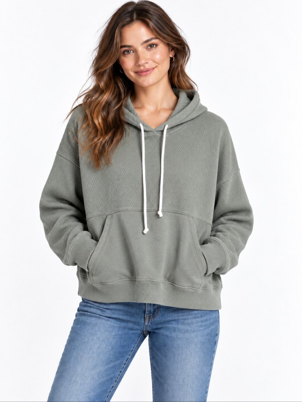 Aerie Sage Green Waffle Knit Cropped Hoodie Size S/P Oversized